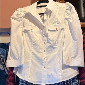 New York & Company Ivory Button-Down Shirt with Puff Sleeves